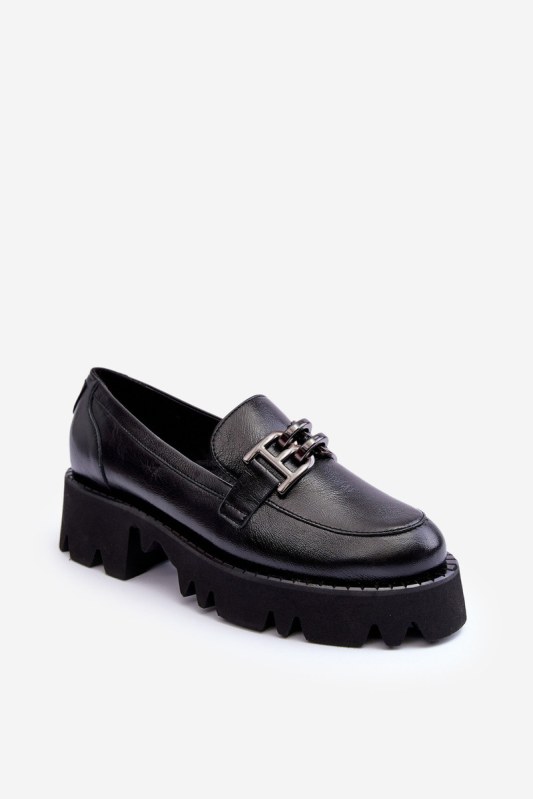 Dámské kůže polobotky loafersy s ozdobou černá Lyndani