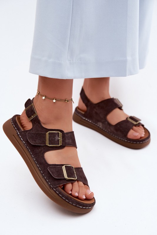 Kožené semišové dámské sandály s&nbsp;přezkami vinceza 79620 Čokoládové - Dámské boty Ženysandály