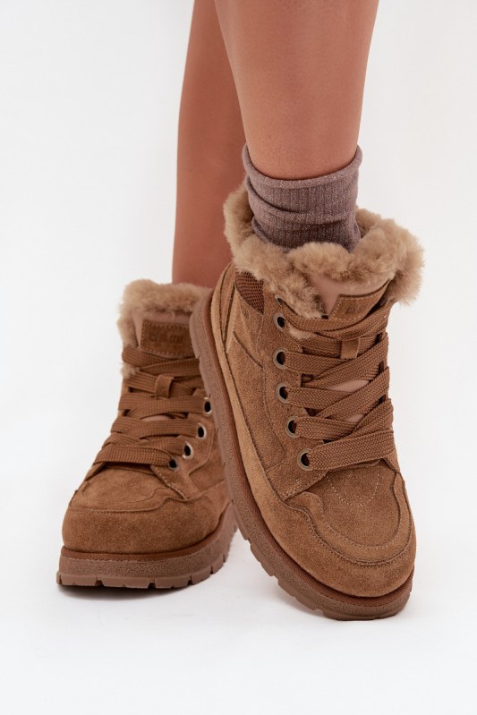 Semišové sněhule dámské na platformě s&nbsp;kožíškem big star ss274370 Camel - Dámské boty Ženysněhule