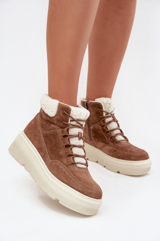Semišové dámské sněhule s kožíškem na platformě vinceza 95354 Camel