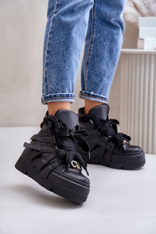 Kožené dámské sneakersy na masivní platformě chebello 4561 Černé - Dámské boty Ženytenisky