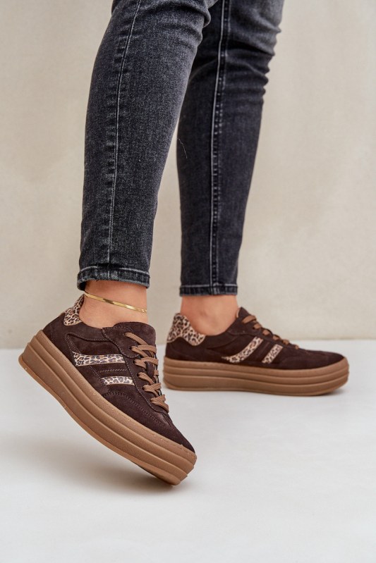 Zazoo n1176 semišové sneakersy na platformě leopardí Čokoládové - Dámské boty Ženytenisky