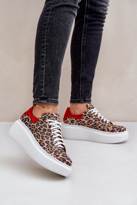 Kožené sneakerky na platformě s leopardím vzorem zazoo 3346 hnědo-červené