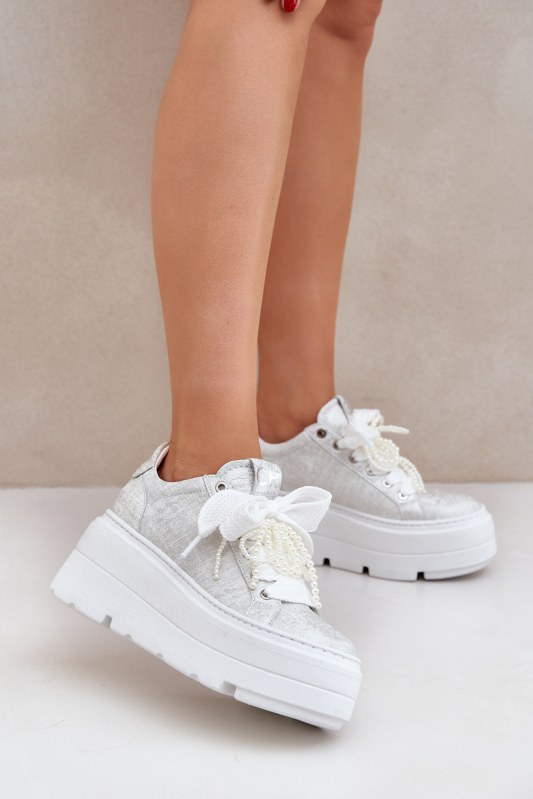 Kožené sneakersy na platformě chebello 4658 stříbrné - Dámské boty Ženytenisky