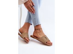Ploché dámské žabky s pletením a ozdobou beige Omenna