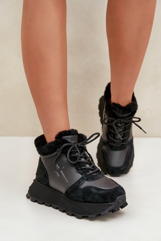 Kožené sneakersy kotníkové dámské s kožíškem na platformě big star oo274a329 Černé