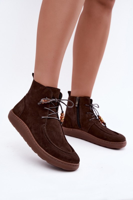 Dámské barefoot kotníkové boty z nubukové kůže s korálky zazoo 30078 hnědé