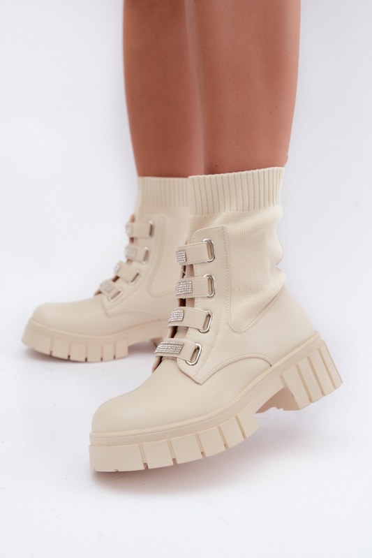 Dámské zateplené boty se sockou a zdobenými pruhy béžové Giavelle