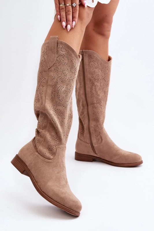 Ažurové kozačky hy66-132 hnědé - step in style - Dámské boty kozačky