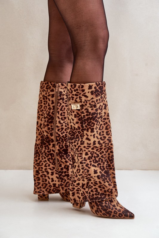 Dámské kozačky na podpatku před kolena leopardí hnědé Portora