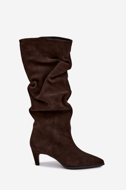 Kožené semišové kozačky slouchy zateplené na podpatku vinceza 89167 Hnědé
