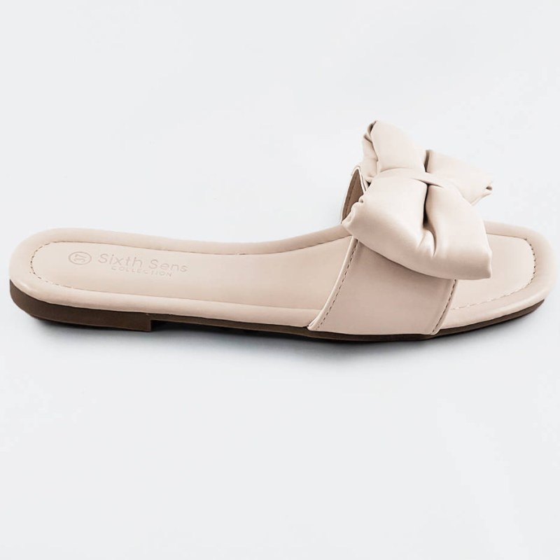 Béžové dámské pantofle s mašlí (H47) - Dámské boty pantofle