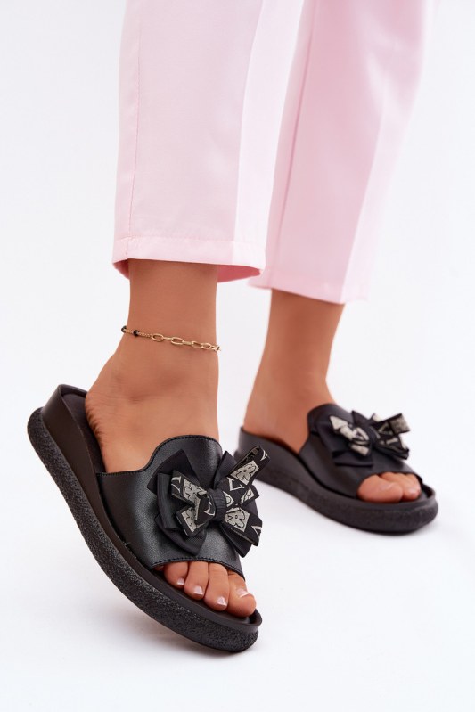 Dámské kožené pantofle s&nbsp;mašlí s.barski kv61-6061 Černé - Dámské boty pantofle