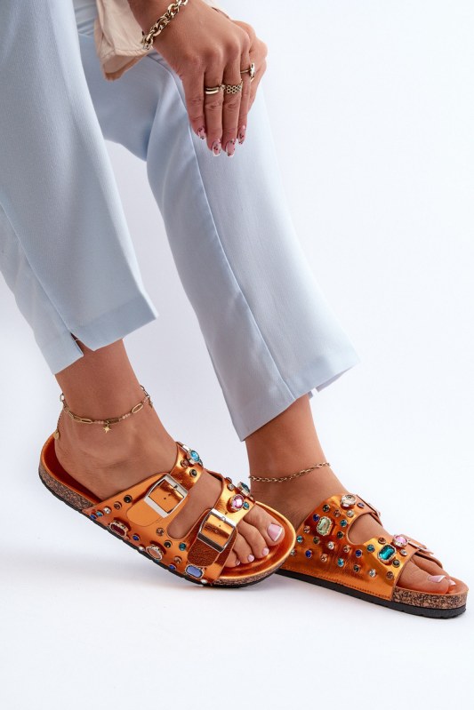 Ozdobené dámské žabky s přezkami s.barski my121 oranžové