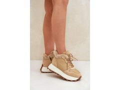 Kožené sneakersy trapery dámské s kožíškem na platformě big star oo274a330 Béžové 2