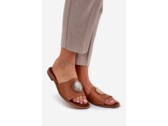 Zazoo 2938 kožené pantofle na plochém podpatku s dekorací Camel 2