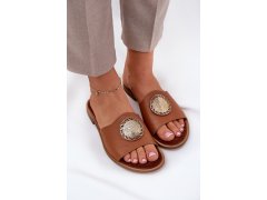 Zazoo 2938 kožené pantofle na plochém podpatku s dekorací Camel 4
