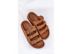 Dámské pantofle s pásky a přezkami camel Uliri 6