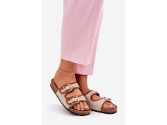 Materiálové dámské pantofle na korkové platformě s přezkami camel Osoffe 1