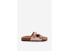 Materiálové dámské pantofle na korkové platformě s přezkami camel Osoffe 7
