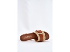 Kožené dámské sandály na podpatku s přezkou a pletením hnědé zazoo 40459 8