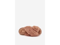 Kožešinové domácí pantofle pro ženy s proplétajícími se pásky camel Quenelle 4