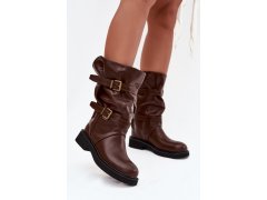 Vlněné dámské kozačky do poloviny lýtka s pásky a přezkami hnědé Halvessa 1