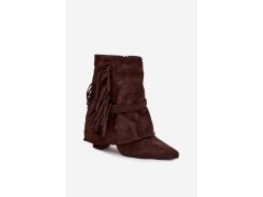 Dámské kotníkové boty na podpatku s&nbsp;třásněmi a&nbsp;zlatými přezkami čokoládové Evelisse 8