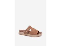 Kožené dámské sandály na platformě se zlatou sponou camel Zemela 4