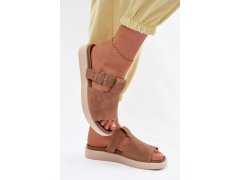 Kožené dámské sandály na platformě se zlatou sponou camel Zemela 6