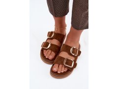Dámské pantofle z&nbsp;imitace semiše s&nbsp;zlatými přezkami camel Averia 4