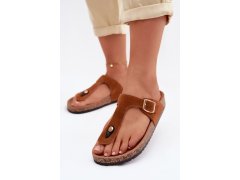Kožené semišové žabky s&nbsp;zlatým přezkou camel Honey 5