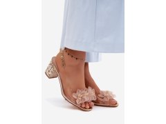 Průhledné sandály na podpatku s krystaly a květinami d&a mr61-9009 Zlaté 2
