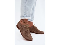 Kožené semišové dámské polobotky s otevřeným vzorem na ploché podpatku zazoo 4156 Cappuccino 1