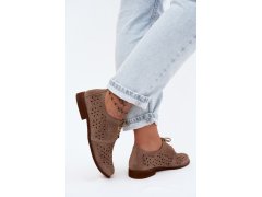 Kožené semišové dámské polobotky s otevřeným vzorem na ploché podpatku zazoo 4156 Cappuccino 3