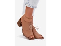 Kožené sandály na podpatku s šněrováním zazoo 40523 Cappuccino 2