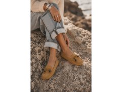 Dámské mokasíny ploché s mašlí a fringingem imitace semiš camel Bluebell 2