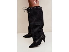 Černé kozačky s&nbsp;kitten heel z&nbsp;semiše s&nbsp;ozdobným šněrováním Juletta 8