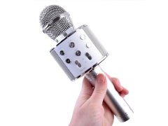 Bezdrátový karaoke mikrofon s reproduktorem a Bluetooth stříbrný