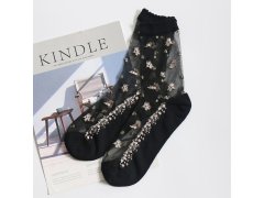 Průhledné ponožky s květy - černé