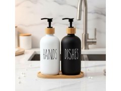 Sada dávkovačů s&nbsp;pumpičkou na mýdlo a&nbsp;jar na podnose