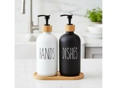 Sada dávkovačů s&nbsp;pumpičkou na mýdlo a&nbsp;jar na podnose 7