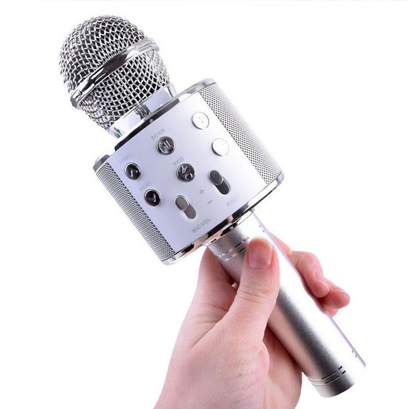 Bezdrátový karaoke mikrofon s reproduktorem a Bluetooth stříbrný - Dárky