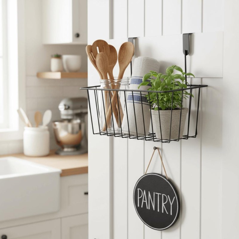 Kovový závěsný košík na dvířka - černý - Dárky