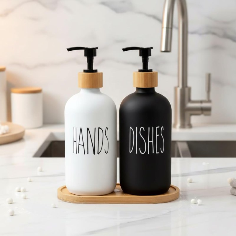 Sada dávkovačů s&nbsp;pumpičkou na mýdlo a&nbsp;jar na podnose - Dárky