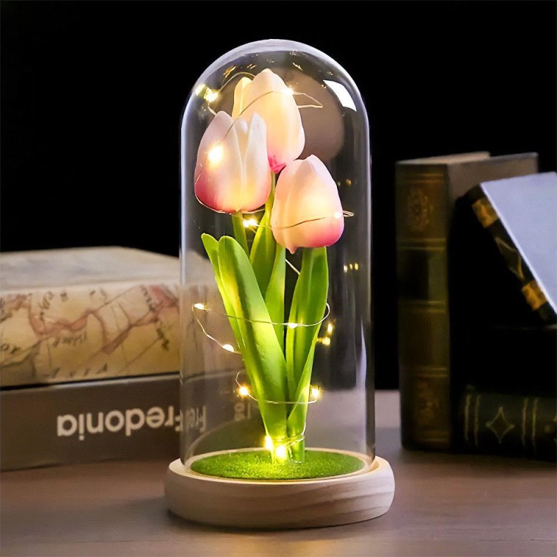 Svítící tulipány ve skleněné kopuli