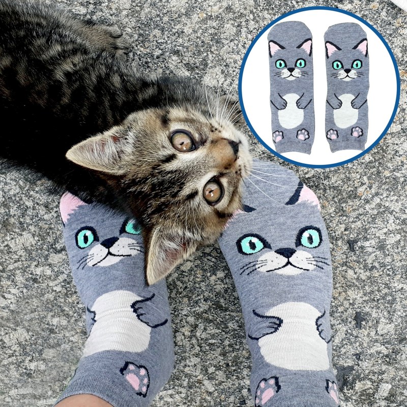 Veselé ponožky s kočičkou - šedé - Dárky
