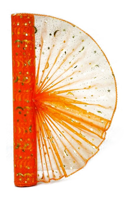 Organza 38cm/8,2m oranž.- zlaté barvy hvězdy,p - Restaurace a rauty Dekorace