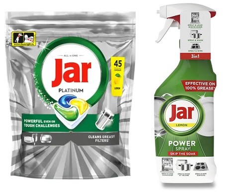Jar platinum 45ks + Jar Power spray 500ml - Drogerie Kuchyň Myčka tablety a&nbsp;prášek