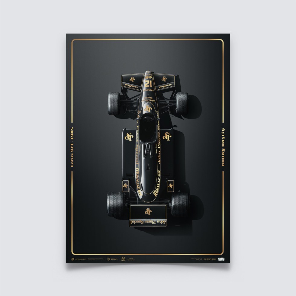 Automobilist Posters | Lotus 97T - Ayrton Senna - Stunning Black - Estoril - 1985 | Collector’s Edition